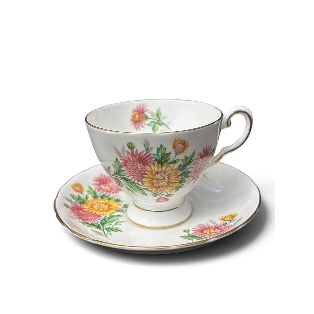1950s Royal Tuscan Bone China Teacup Saucer November Birthday Flower Mums D1993
